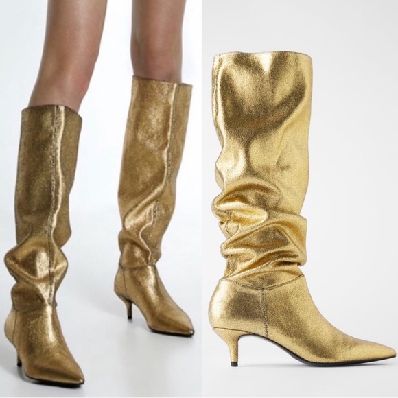 NEVER WORN!!
Zara Gold Metallic Tall Stretch Leg Kitten Heel Boots - Picture 6 of 6